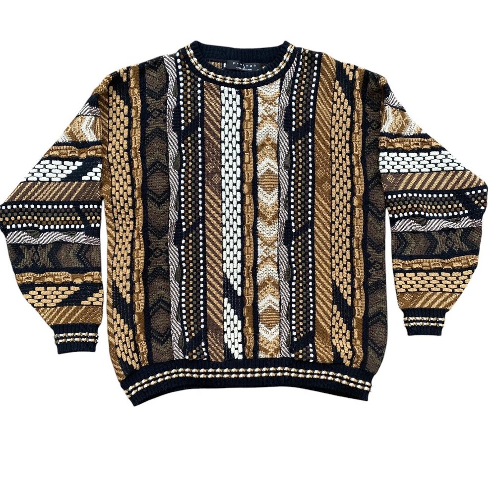 Vintage Protege Collection Stripe Coogi Style Sweater Brown 90s 3D Funky Knit-XL